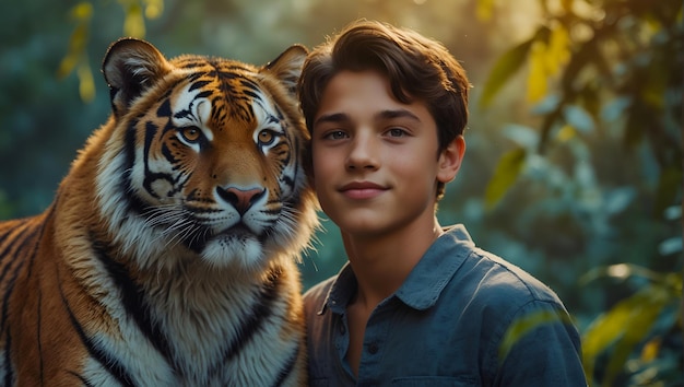 Foto un niño con un tigre y un tigre