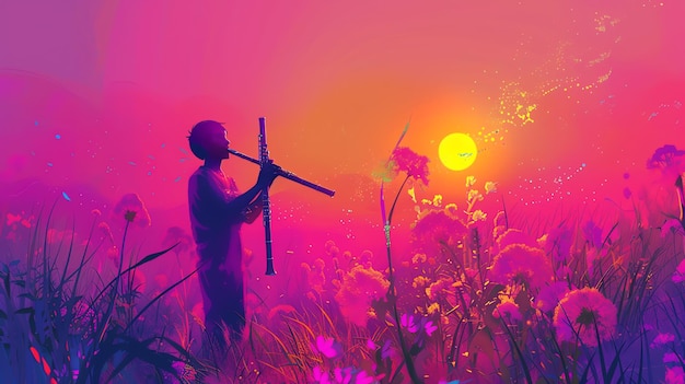 Un niño toca el clarinete en un campo de flores el sol se está poniendo en el fondo la imagen es cálida y acogedora
