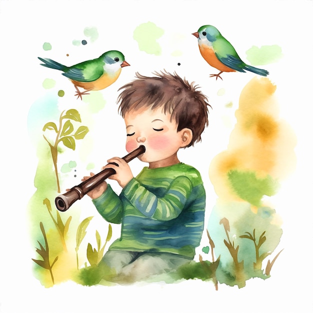 Un niño tocando una flauta con pájaros en el fondo.