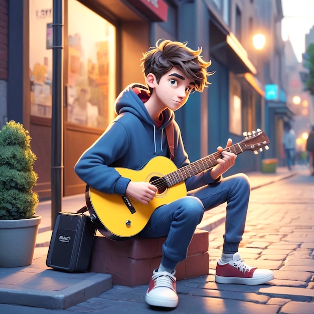 Foto un niño tocando una guitarra en la calle