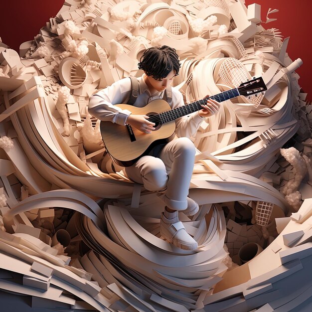 un niño tocando una guitarra en una escultura de un hombre