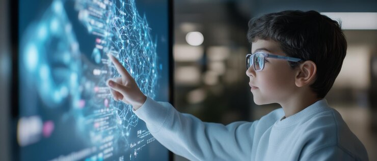 Foto un niño tocando una pantalla digital interactiva que encarna la curiosidad y el potencial ilimitado de la tecnología y el aprendizaje
