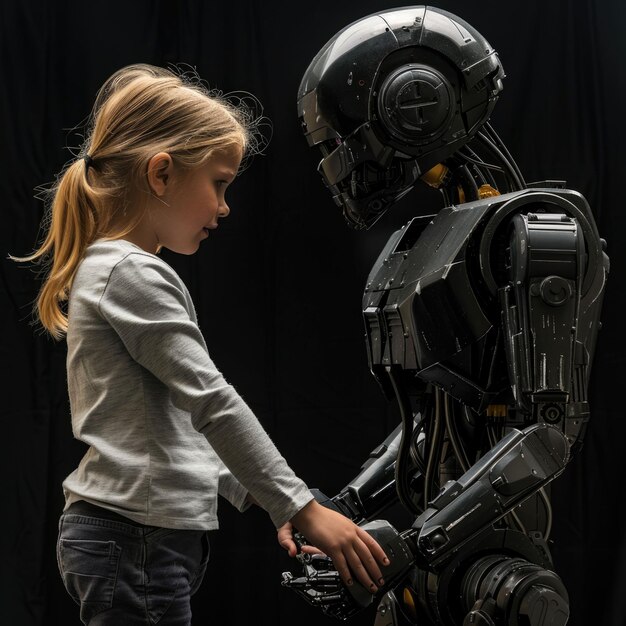 Niño tomando la mano de un robot amistoso aislado en negro
