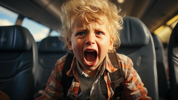 Niño Toodler tiene un berrinche mientras está sentado junto a la ventana del avión Niño enojado gritando