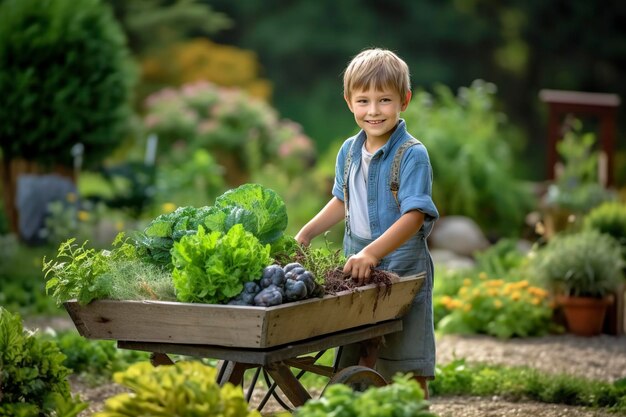 Un niño trabaja en el jardín de la familia durante su tiempo libre