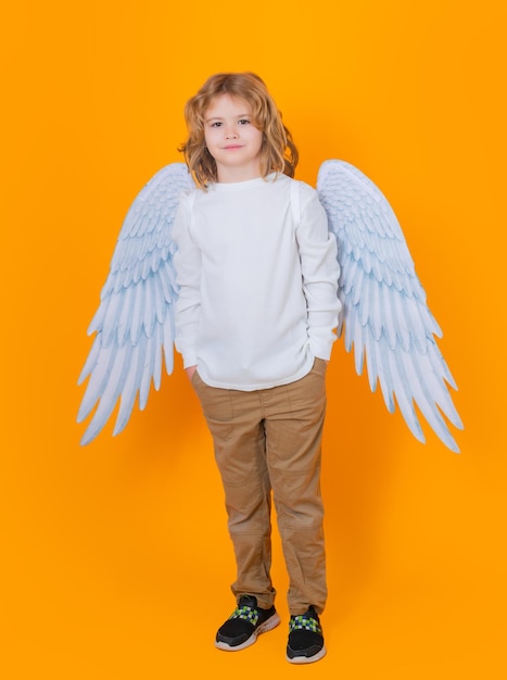 Niño con traje de ángel vestido blanco y alas de plumas Niño inocente