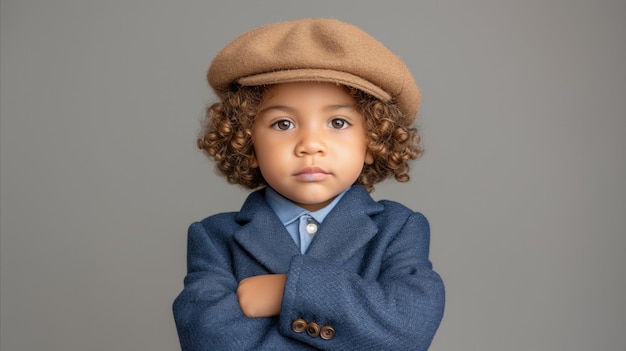 Niño con traje azul y sombrero marrón