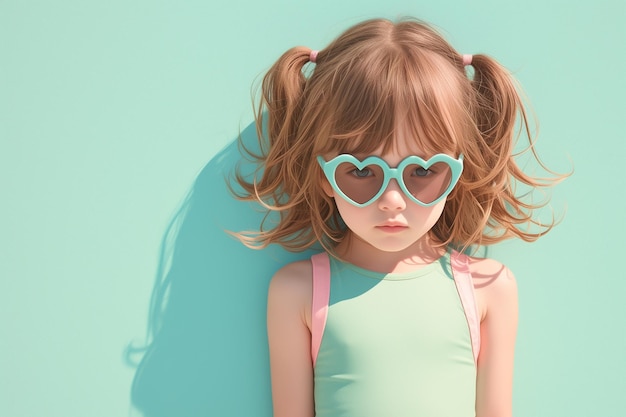 Un niño en un traje de baño brillante con gafas de sol en forma de corazón en fondo pastel