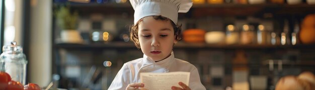 Foto niño con traje de chef leyendo receta