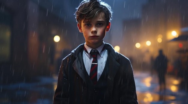 un niño con traje y corbata parado bajo la lluvia