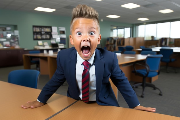 un niño en un traje y corbata sentado en un escritorio