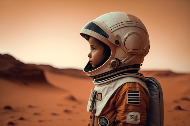 Un niño con traje espacial y casco descubriendo un planeta desconocido