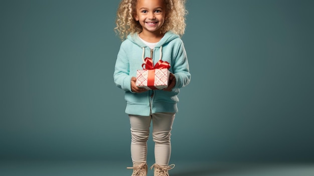 Un niño con un traje festivo con un regalo.