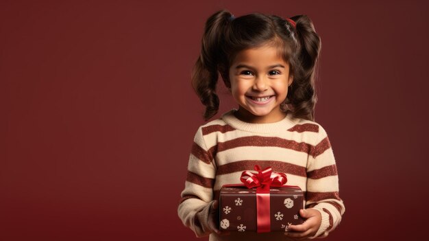 Un niño con un traje festivo con un regalo.