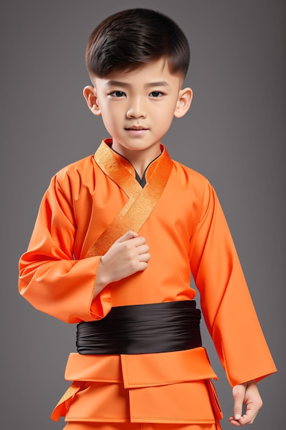 Un niño con un traje de hanbok naranja.