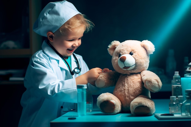 Un niño con traje de médico trata a su osito de peluche Futuro médico