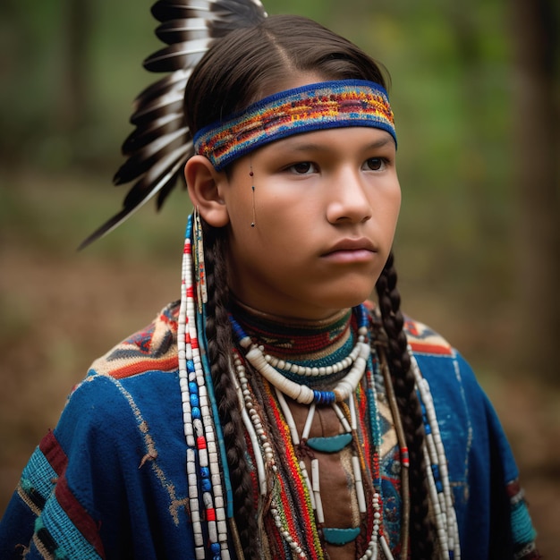 Un niño con un traje de nativo americano se para en el bosque