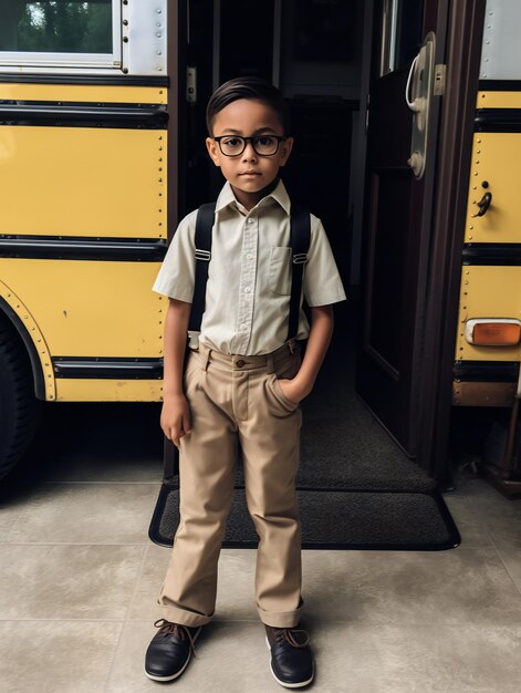 Niño en traje de primer día de escuela parado cerca del autobús escolar Regreso a la escuela Generativo ai