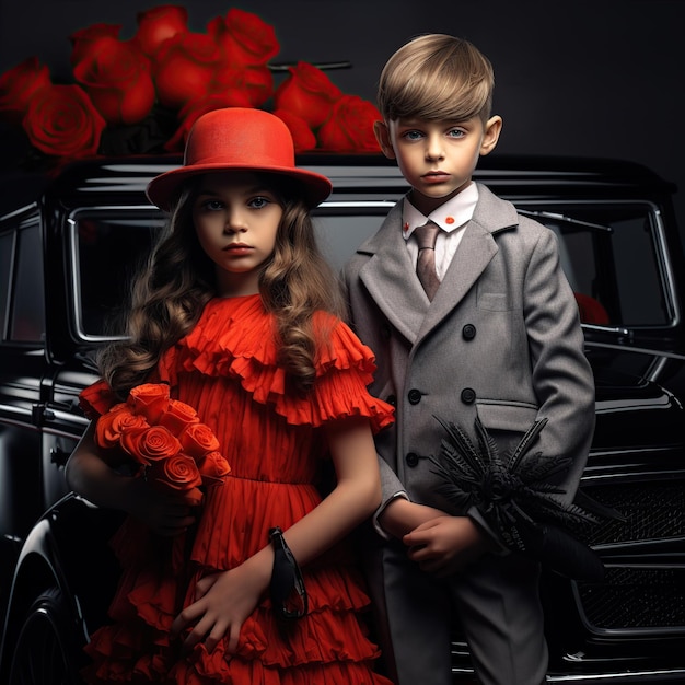 un niño con traje y sombrero y una niña con un vestido rojo