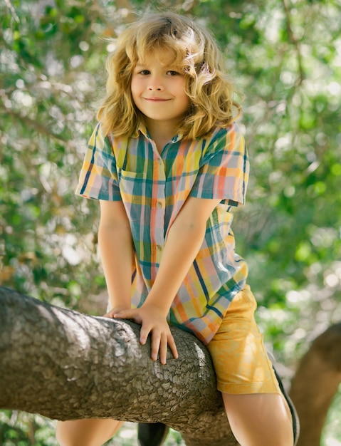 Niño trepando a la rama de un árbol niño trepando a un árbol