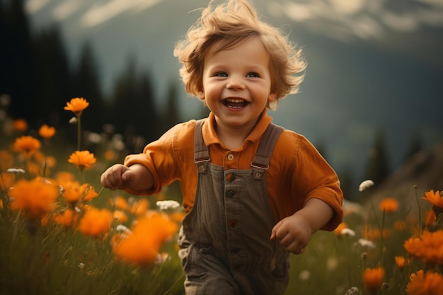 Un niño de tres años con una sonrisa corre a través de las flores Hermosa imagen ilustrativa