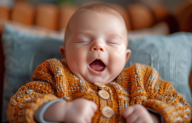 un niño de tres meses bostezando en su regazo