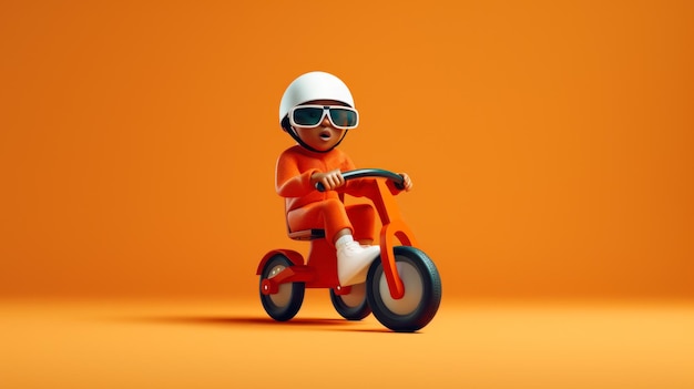niño en un triciclo sobre fondo naranja ai generativo