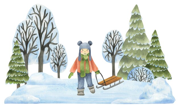 Un niño en trineo en el bosque Ilustración de acuarela para niños Diversión de invierno al aire libre