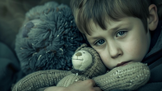 Un niño triste abrazando a una muñeca.
