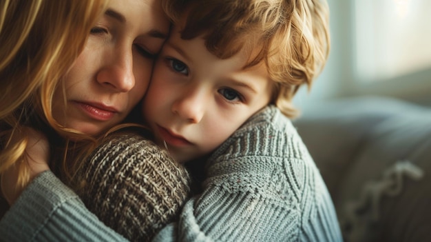 Foto un niño triste abrazando a su madre en casa.