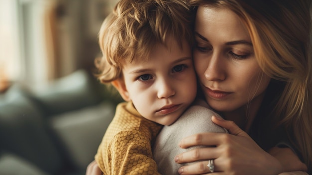 Foto un niño triste abrazando a su madre en casa.