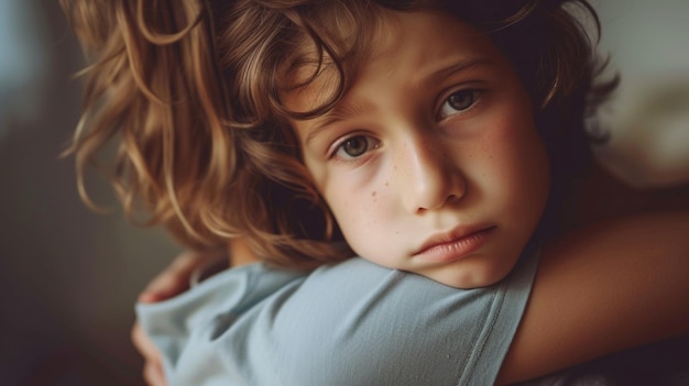 Foto un niño triste abrazando a su madre en casa.