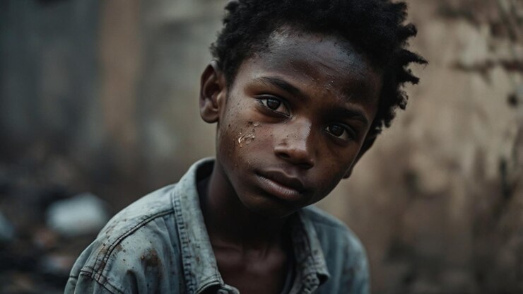 Foto un niño triste de bajos ingresos con ropa destrozada