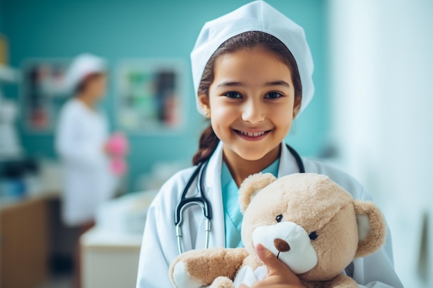 Foto niño triste con cáncer abrazando juguete de peluche en el hospital con goteo.