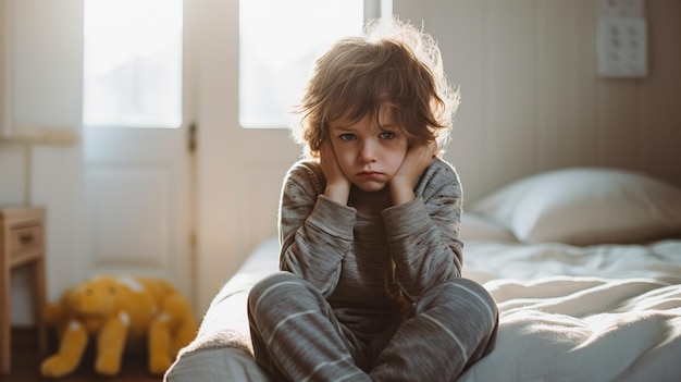 Niño triste y deprimido sentado en la cama en casa