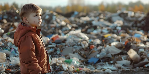 Un niño triste está de pie en un vertedero en medio de residuos plásticos que representan la pobreza y el trabajo infantil Concepto Pobreza Trabajo infantil Gestión de residuos Asuntos sociales Conservación del medio ambiente