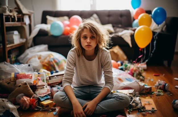 Niño triste en medio del lío de cumpleaños