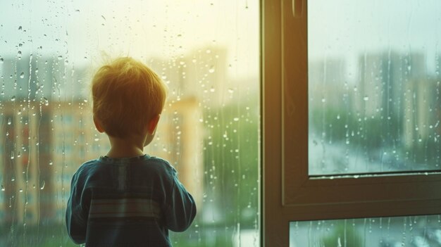un niño triste de pie cerca de la ventana durante el día