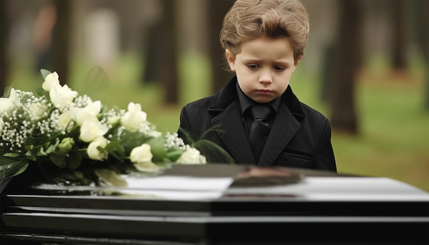 Niño triste de pie frente a un ataúd decorado con flores para el funeral Niño en el cementerio