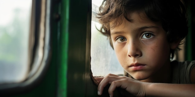 Un niño triste y solitario mira a través de la ventana de un tren en movimiento huérfano sin hogar IA generativa