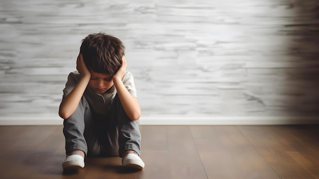 Un niño triste con un trauma mental sentado en el suelo.