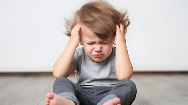 Foto un niño triste con un trauma mental sentado en el suelo.