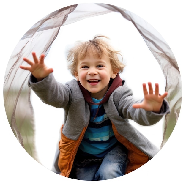 Un niño en un túnel con los brazos extendidos.