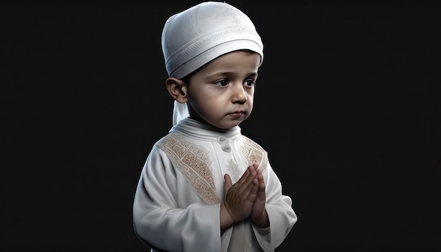 Un niño con una túnica blanca reza en una habitación oscura.