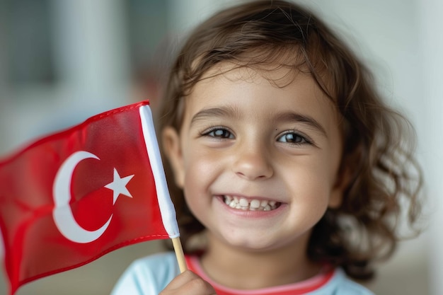 niño turco sonriente con bandera nacional nacional en la mano sobre fondo blanco