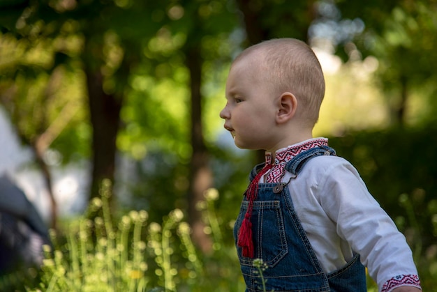 Niño en ucraniano vyshyvanka en el parque