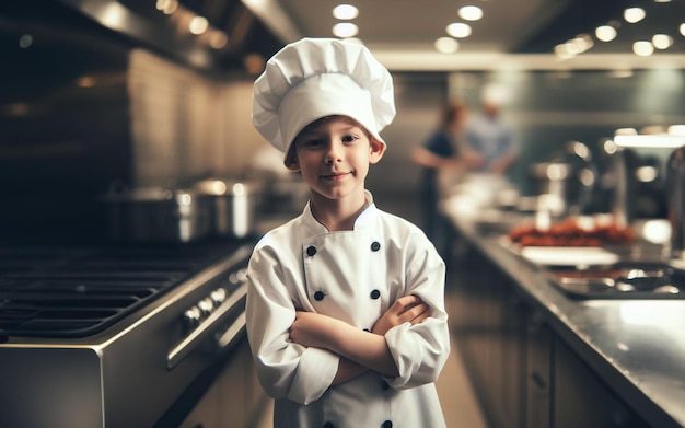 Niño con uniforme de chef Uniforme de chef Fondo borroso de la cocina Ideas de sueño de carrera futura sueño