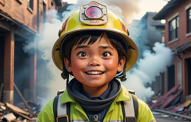 un niño en un uniforme de firemans