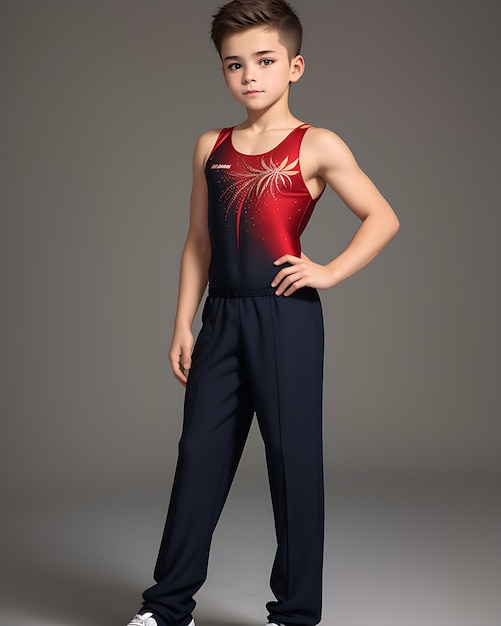 Niño con uniforme de gimnasia con un diseño atractivo.