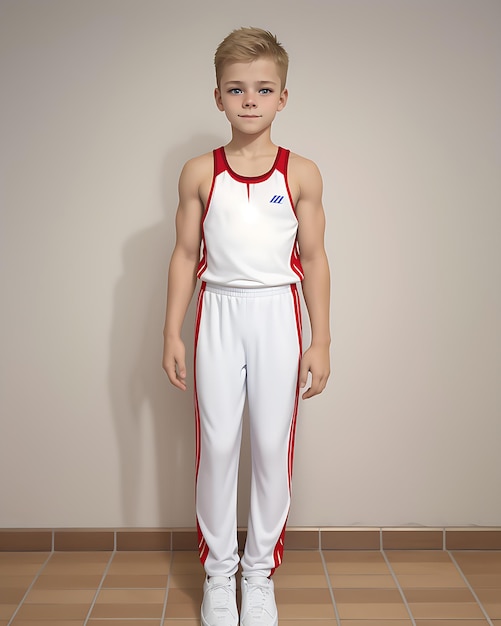 Niño con uniforme de gimnasia con un diseño atractivo.